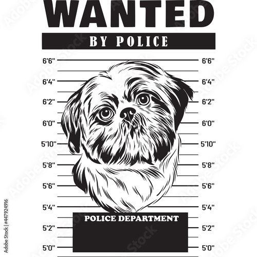 Mugshot of Shih Tzu Dog holding banner behind bars
