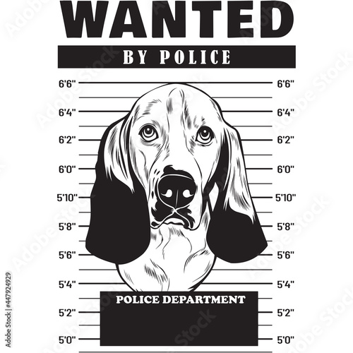 Mugshot of Basset Hound Dog holding banner behind bars
