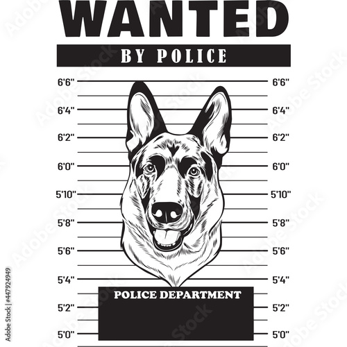 Mugshot of German Shepherd Dog holding banner behind bars
