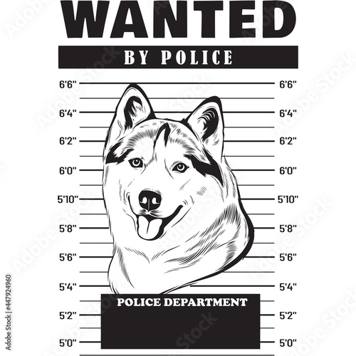 Mugshot of Husky Dog holding banner behind bars
