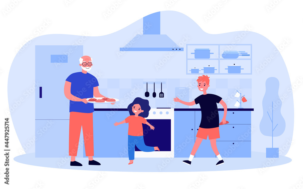 Grandpa cooking with his grandchildren in kitchen. Flat vector illustration. Elderly man holding tray of cookies, girl and boy helping. Family, home, food, vacation, memories, grandparent concept