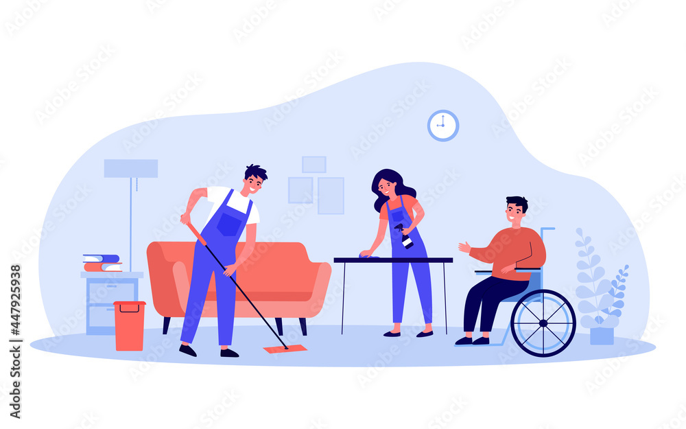 Disabled person in wheelchair using services of cleaning company. Flat vector illustration