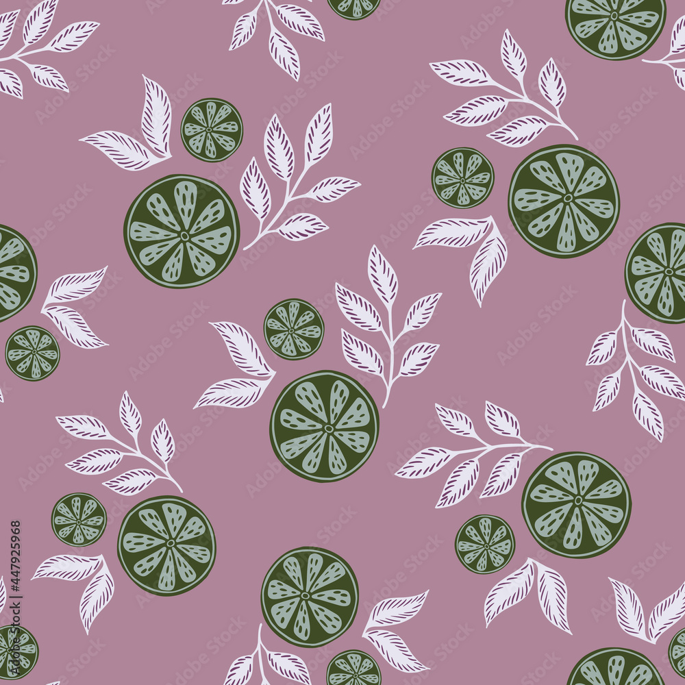 Random seamless summer pattern with green abstract lime slices print with leaves. Purple pastel background.