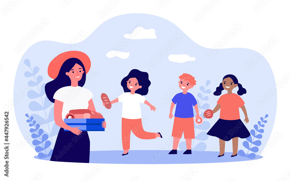 Fototapeta premium Woman in red hat treating children to pastries. Flat vector illustration. Young girl holding in hands box with buns, donuts, cakes, kids happy with treat. Food, pastries, childhood, dessert concept
