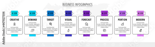 Vector line infographics with 8 rectangles and arrows. Flat chart process template with eight icons. Modern timeline for business project, presentation, web, diagram, content