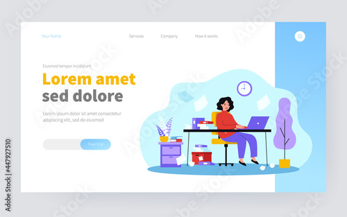 Busy secretary sitting at desk with laptop, folders and pile of papers isolated flat vector illustration. Cartoon overworked businesswoman working in office. Workaholic and workplace concept