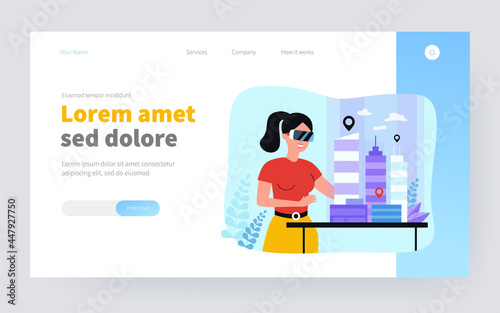 Female architect engineer building 3d city model in digital glasses flat vector illustration. Cartoon character modeling office houses on table via VR. Construction and headset vision concept