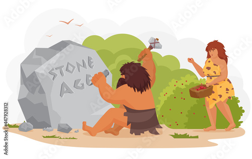 Prehistoric ancient primitive cave tribe man and woman vector illustration. Cartoon wild prehistoric caveman character sitting, writing, carving stone age inscription on rock isolated on white photo