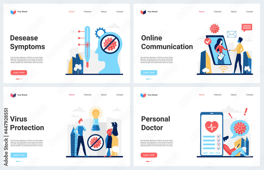 Online medicine, virus protection for patient vector illustration. Cartoon modern concept landing page set for mobile medical app with doctor appointment via phone, coronavirus disease symptoms