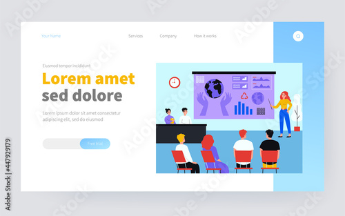 Female speaker standing in front of presentation isolated flat vector illustration. Cartoon audience listening international ecological scientific conference. Business and media forum concept