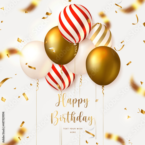 3D realistic elegant golden red striped ballon and party popper ribbon Happy Birthday celebration card banner template