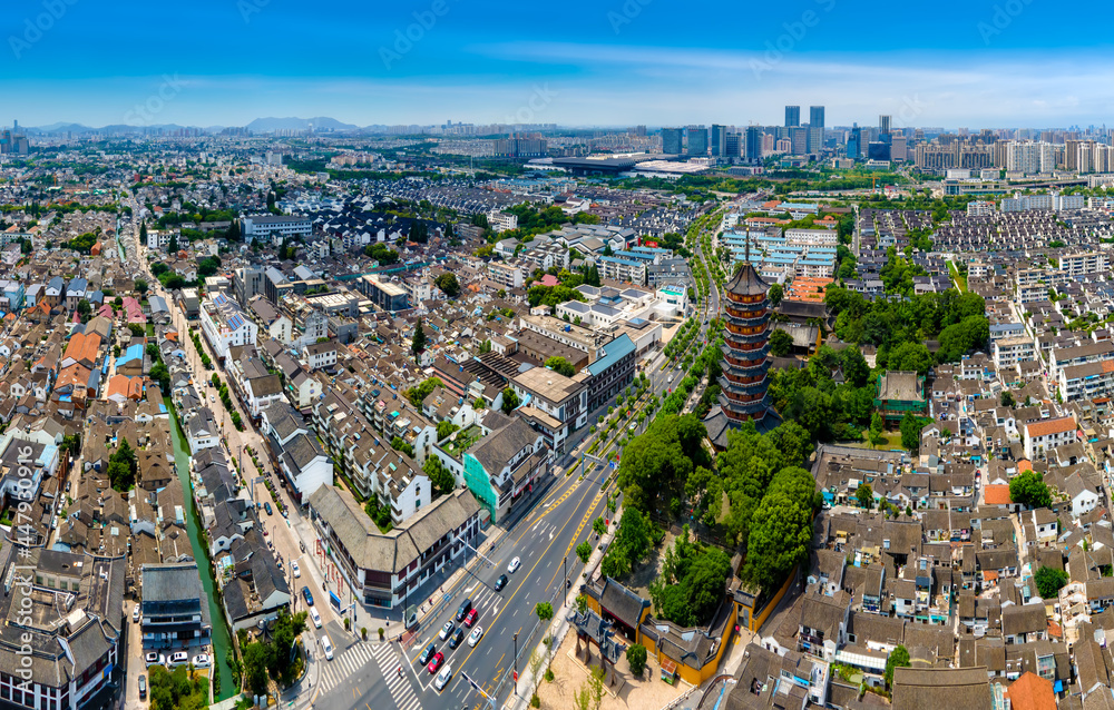 Aerial photography of ancient buildings in the North Temple Tower in Suzhou Old Town