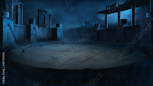 Realistic arena for warrior battles. Background for games. Digital graphics.