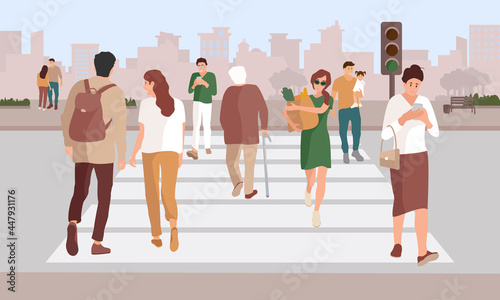 People cross the road on a pedestrian crossing: men, women, old people, workers, students. A crowd of people at the crosswalk. Flat vector illustration.