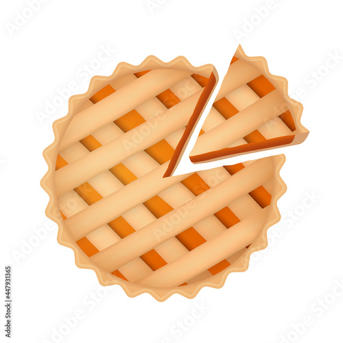 Pumpkin pie, traditional thanksgiving food. Sweet carrot autumn orange cake, top view with pie slice. Thanksgiving Day symbol. 3d Realistic vector illustration isolated on white background.