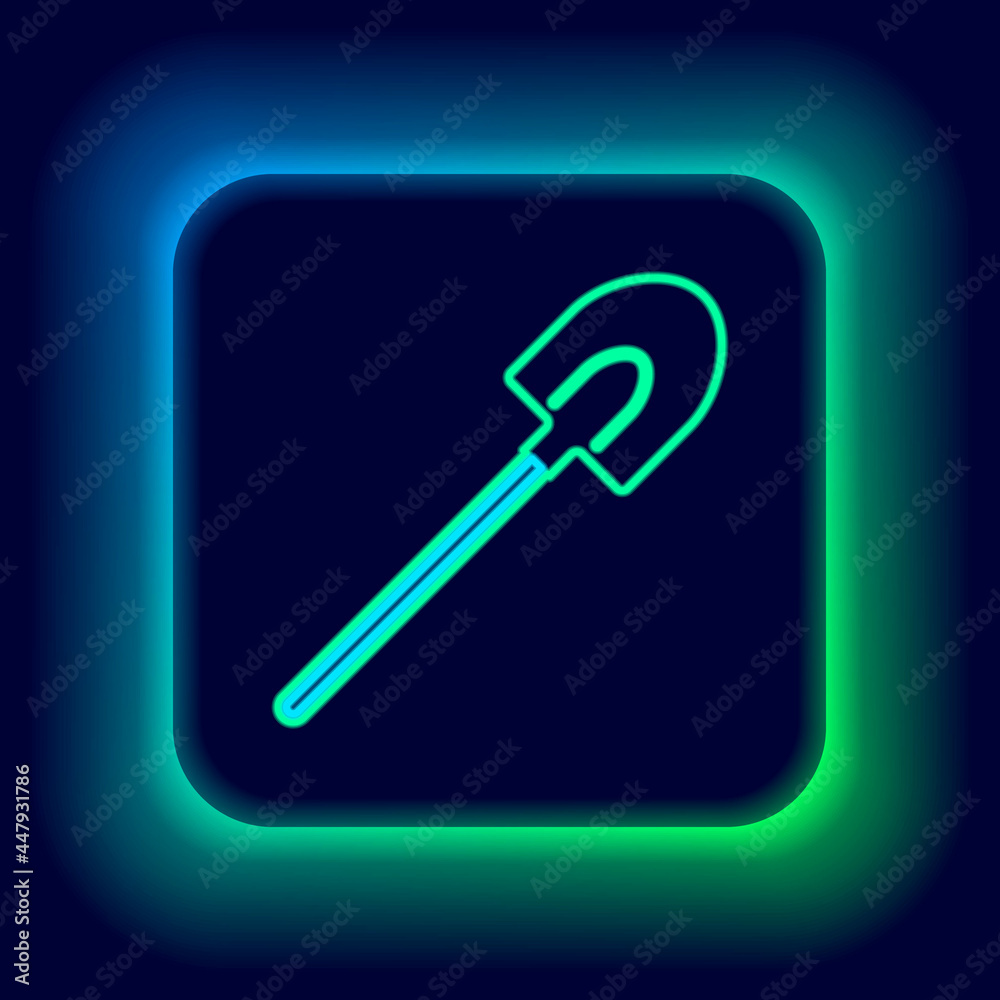 Glowing neon line Garden shovel icon isolated on black background. Gardening tool. Tool for horticulture, agriculture, farming. Colorful outline concept. Vector Glowing neon line Garden shovel icon isolated on black background. Gardening tool. Tool for horticulture, agriculture, farming. Colorful outline concept. Vector