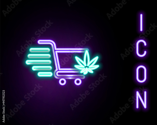Glowing neon line Shopping cart with marijuana or cannabis leaf icon isolated on black background. Online buying. Delivery service. Supermarket basket. Colorful outline concept. Vector