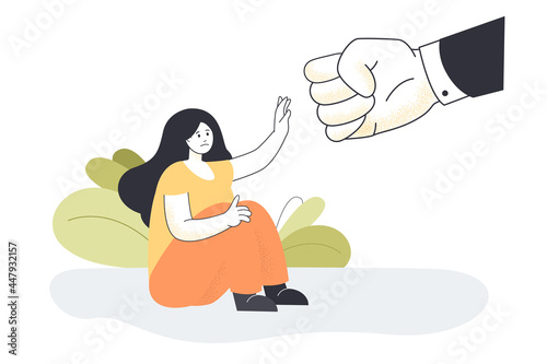 Woman asking man to stop abuse. Victim of sexual harassment fighting against gender inequality, unhappy family flat vector illustration. Domestic violence, social awareness, discrimination concept