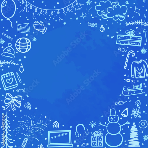 Holiday xmas banner. Hand drawn background. Christmas snowy pattern. Happy New Year. Colored illustration