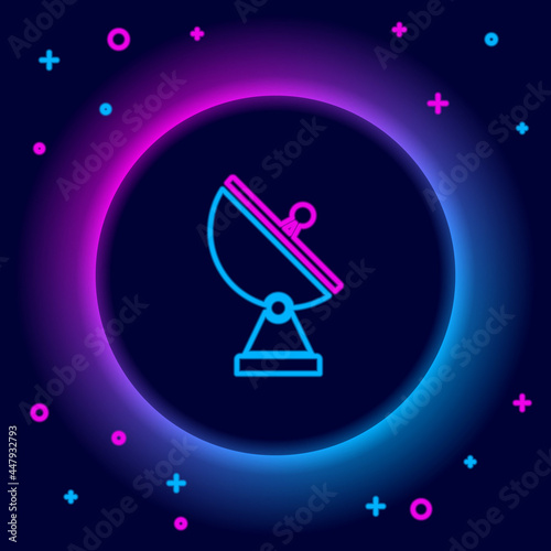 Glowing neon line Radar icon isolated on black background. Military search system. Colorful outline concept. Vector