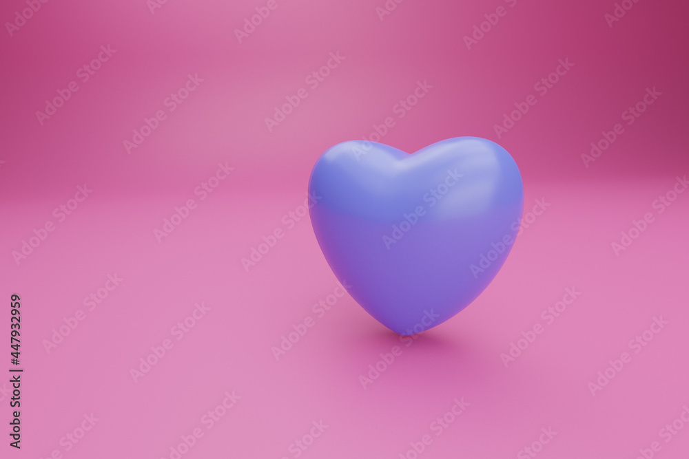3d blue heart on pink background. heart icon, like and love 3d render illustration