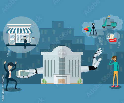 Flat design of business finance, AI used in bank for analyzing personal data who request to lend the money - vector