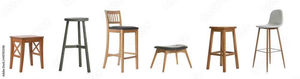 Set with stylish stools on white background. Banner design Set with stylish stools on white background. Banner design