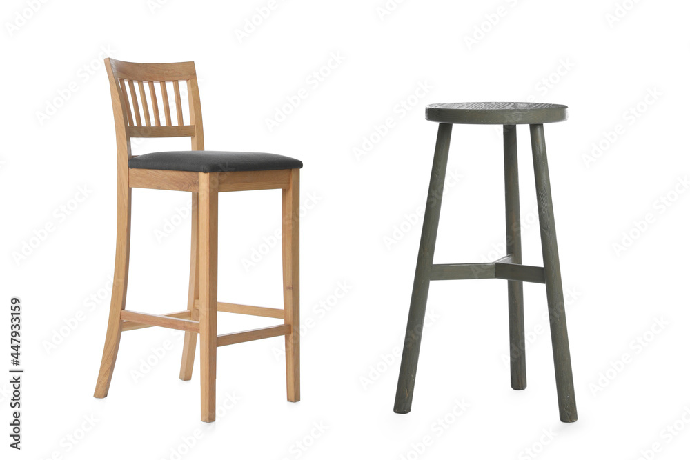 Different stylish bar stools on white background, collage Different stylish bar stools on white background, collage