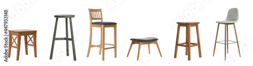 Set with stylish stools on white background. Banner design photo