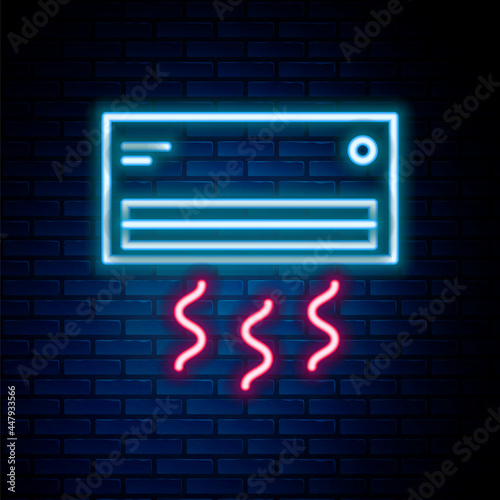 Glowing neon line Air conditioner icon isolated on brick wall background. Split system air conditioning. Cool and cold climate control system. Colorful outline concept. Vector