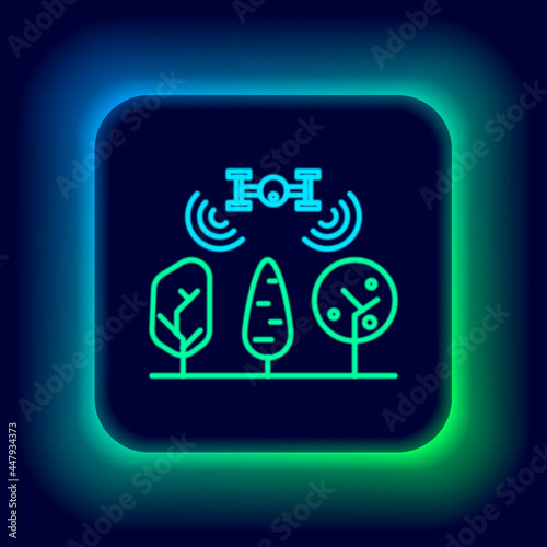Glowing neon line Smart farm with drone control and tree icon isolated on black background. Innovation technology for agricultural company. Colorful outline concept. Vector