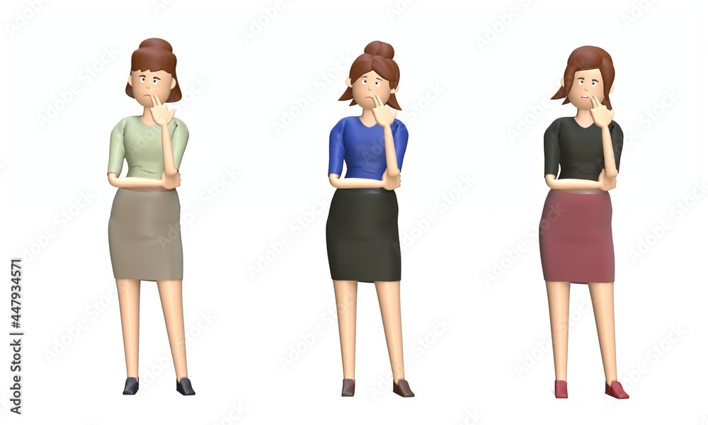 Fototapeta premium set of business woman thinks with her hand on her chin. 3d illustration.