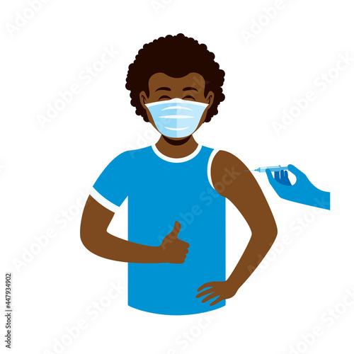 African american man patient during coronavirus vaccine injection vector. Black man wearing medical mask on face and with thumb up icon. Young man getting Covid-19 vaccine shot icon