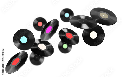 Black vintage vinyl records flying on white background