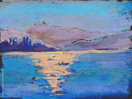 Pastel painting of sunset on sea, ocean