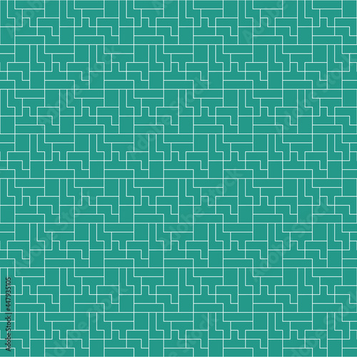 Seamless vector pattern. Minimal blue geometric tiles with a Tetris style imbrication. Modern neutral texture.