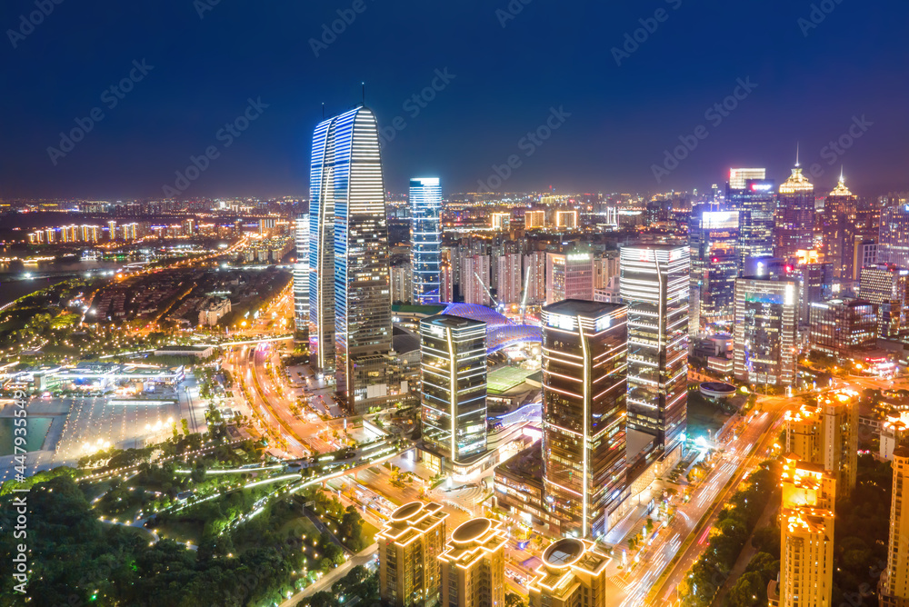 Aerial photography of the night view of Suzhou Financial Center