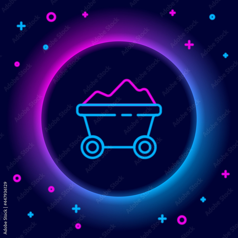 Glowing neon line Coal mine trolley icon isolated on black background. Factory coal mine trolley. Colorful outline concept. Vector Glowing neon line Coal mine trolley icon isolated on black background. Factory coal mine trolley. Colorful outline concept. Vector