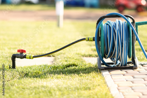A hose rolled onto a reel for watering lawns against a background of clipped green grass on a bright sunny day. Close-up with blurred background.