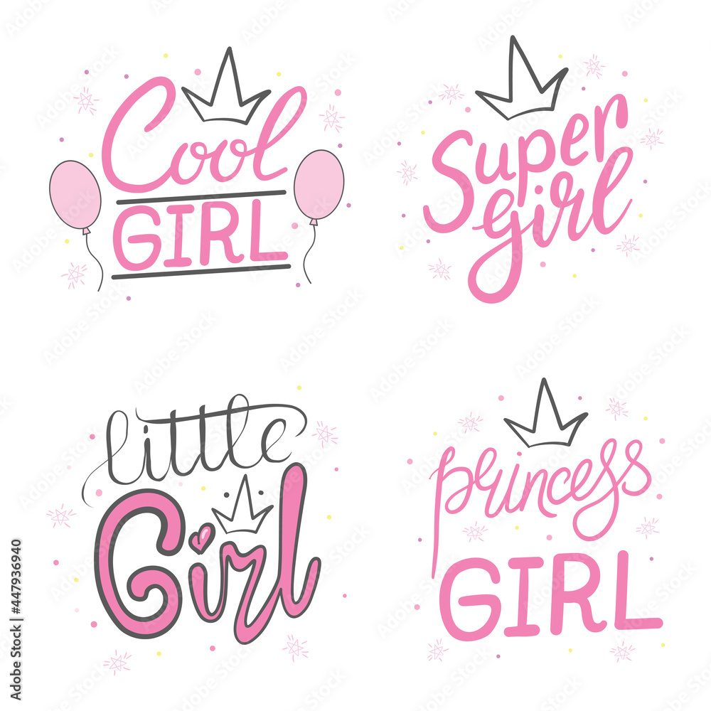 Set of super girl print. Hand written typography lettering for card, poster, tee print