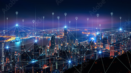 Smart connection network system, smart city network concept, 5G wireless connection.