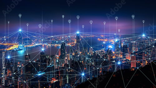 Smart connection network system, smart city network concept, 5G wireless connection. photo