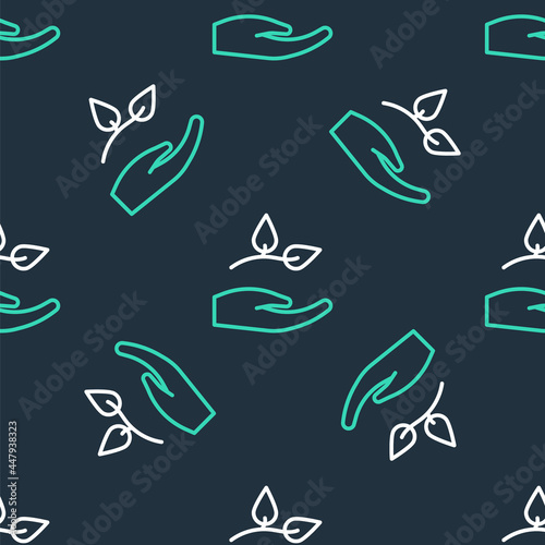 Line Leaf in hand of environmental protection icon isolated seamless pattern on black background. Seed and seedling. Planting sapling. Ecology concept. Vector © vector_v
