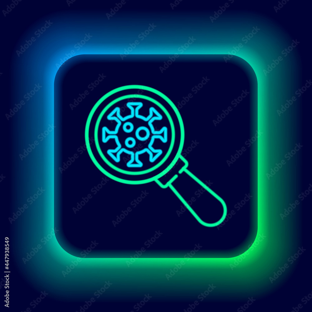 Glowing neon line Virus under magnifying glass icon isolated on black background. Corona virus 2019-nCoV. Bacteria and germs, microbe, fungi. Colorful outline concept. Vector Glowing neon line Virus under magnifying glass icon isolated on black background. Corona virus 2019-nCoV. Bacteria and germs, microbe, fungi. Colorful outline concept. Vector