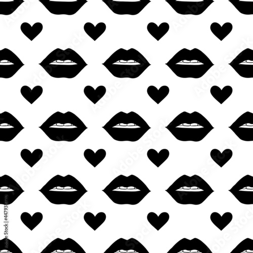 Black paint lips vector seamless pattern. Abstract girl's and woman's mouth. Monochrome wallpaper design, trendy textile print.