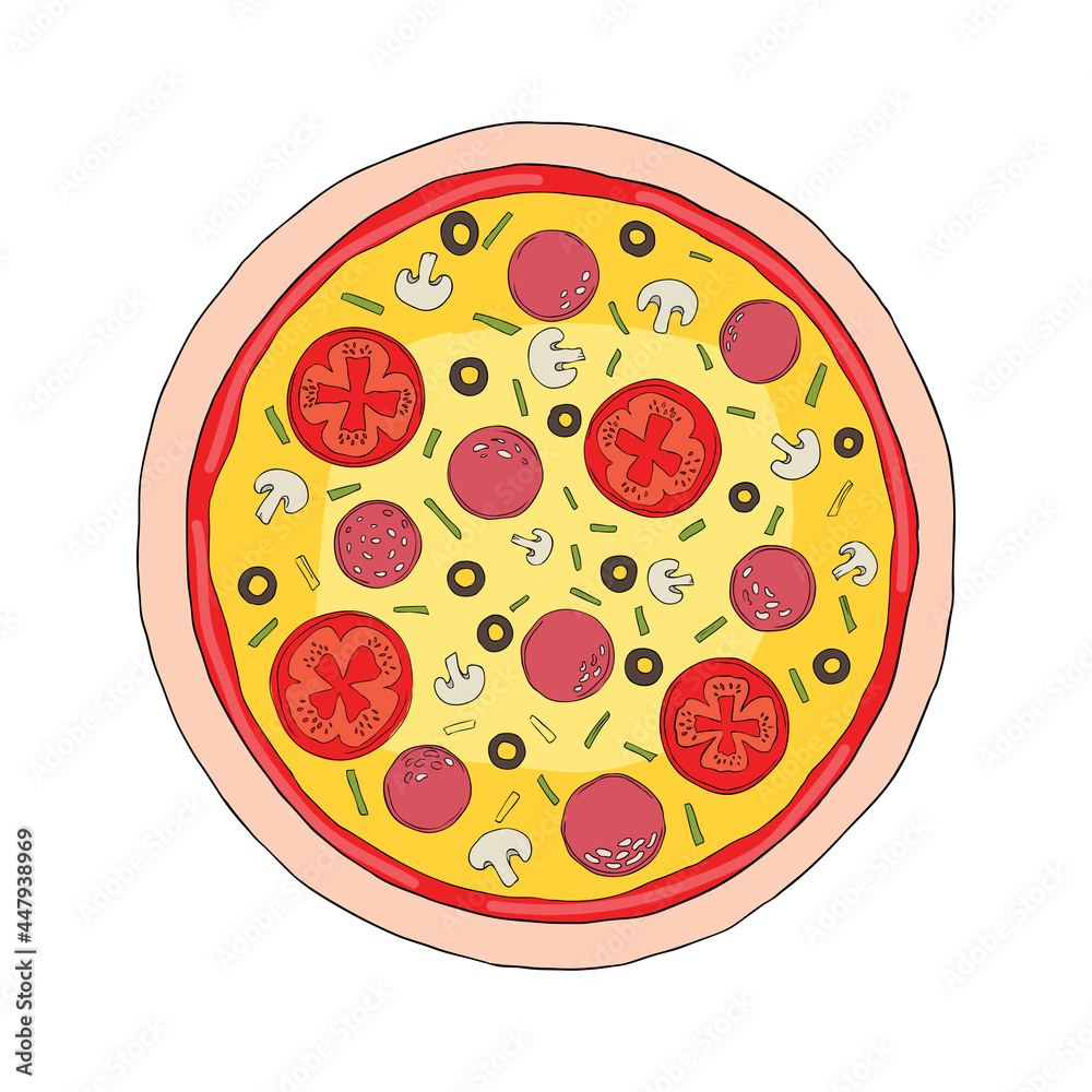 Pizza with melted cheese and pepperoni. Cartoon sticker in comic style with contour. Decoration for greeting cards, posters, patches, prints for clothes, emblems.