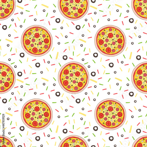 Salami pizza slices seamless pattern. Vector illustration on white background. Funny, cartoon pizza slices. Pizza fashion pattern print for textile or paper