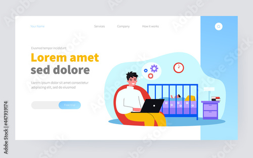 Dad using laptop while watching sleeping baby in crib. Working at night, father, distance job flat vector illustration. Parenthood, fatherhood concept for banner, website design or landing web page