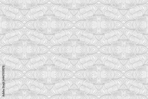 3D volumetric convex embossed geometric white background. A beautiful pattern in a unique doodling technique. Ethnic oriental, Asian, Indonesian motives with handmade elements for design.