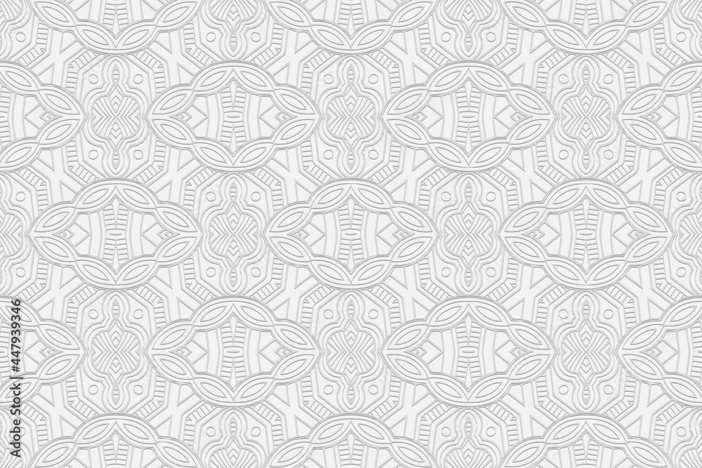 3D volumetric convex embossed geometric white background. Artistic pattern in a unique doodling technique. Ethnic oriental, Asian, Indonesian motives with handmade elements for design and decoration.